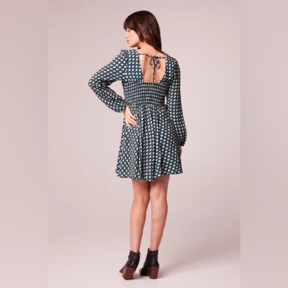 NWT Band Of The Free GENEVIEVE TEAL DIAMOND LONG SLEEVE MINI DRESS Smocked Back - Picture 5 of 5
